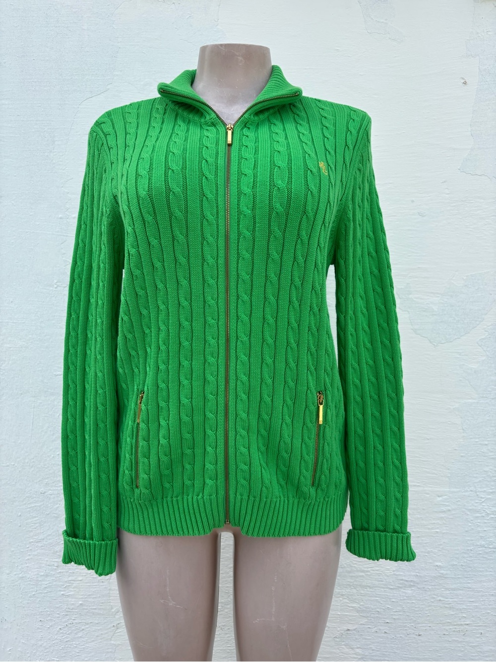 Ralph Lauren Green Cable Knit Zip-Up Sweater